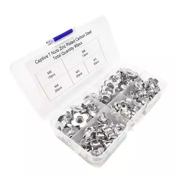 90 шт. T-образные гайки из углеродистой стали M3 M4 M5 M6 M8, набор ассорти с четырьмя лапками для дерева, скалолазных зацепов, столярных изделий, мебели