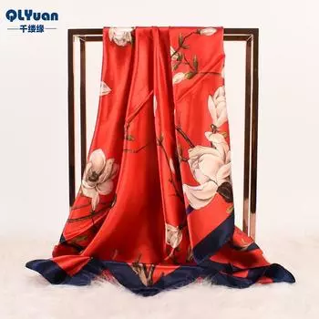 90 см большой квадратный шарф для весенней и летней моды, универсальный и стильный, принтованный шелковый шарф для женского украшения, в паре с шалью 90cm*90cm красный