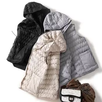 90% белый утиный пух, легкий пуховик для женщин 2024 года, новая мода с капюшоном и волнистым узором, повседневный теплый жилет S сине серый