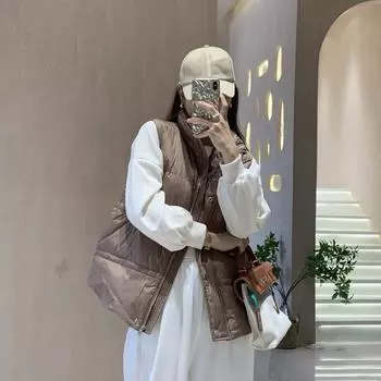 90 white duck down women s down vest 2024 autumn and winter new Korean version thickened stand-up collar vest S хаки