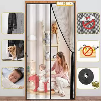90x210 см/100x210 см Магнитный экран для двери Магнитная москитная сетка без помощи рук Дверная сетка против насекомых-мух Дверной экран от комаров Магнитная дверь от комаров