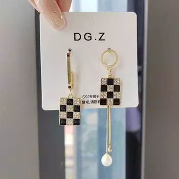 925 Асимметричные серьги с бриллиантами Drip Checked Личность Темперамент Креативные серьги Дизайнерские серьги