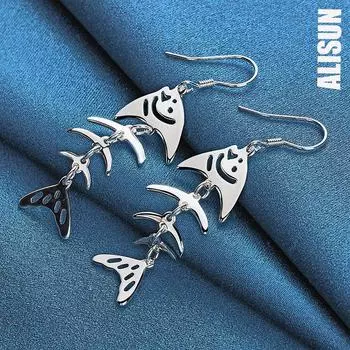 925 чистого серебра рыбья кость капли пирсинг серьги модные свадебные украшения 5.20*1.70cm