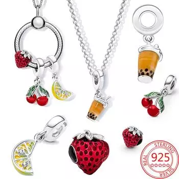 925 Прекрасные бусины с фруктами, лимоном и клубникой, подходят для оригинального браслета, серебряные ювелирные изделия, бусины-шармы