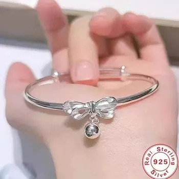 925 пробы браслет из стерлингового серебра с бантом и колокольчиком, модный милый подарок для девочек