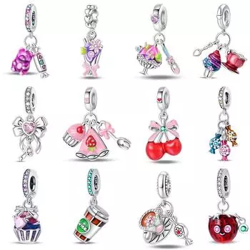 925 пробы серебряный маленький медведь мягкие конфеты кофе клубничный торт послеобеденный чай подвески бусины подходят браслеты DIY ювелирные изделия