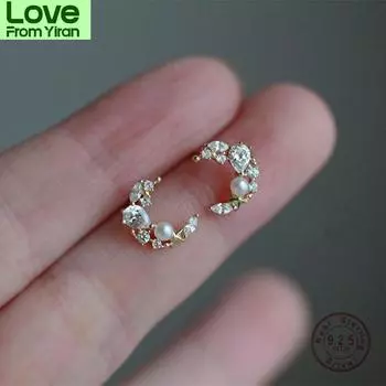 925 пробы стерлингового серебра 14 карат золота корейский циркон жемчуг луна серьги гвоздики женские элегантные свидания ювелирные изделия золотой