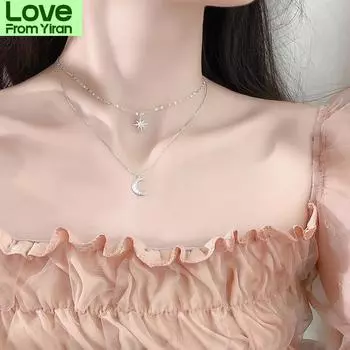 925 пробы стерлингового серебра двойной слой звезда луна ключица цепь ожерелье для женщин девушка кубический циркон ожерелье подарок вечеринка свадьба ювелирные изделия 40cm платиновый