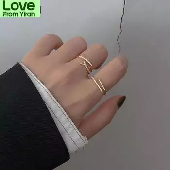 925 пробы стерлингового серебра двухслойные крестообразные открытые кольца для женщин золотого цвета Cz геометрические регулируемые кольца ювелирные изделия S -R939 Resizable