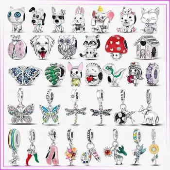 925 пробы стерлингового серебра ежик кошка дерево жизни кактус бусины зеленые цветы подвески Plata De Ley 925 для оригинального браслета женские ювелирные изделия