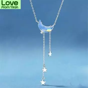 925 пробы стерлингового серебра хрустальная луна кисточка звезда бусина подвеска колье для девушки женщины заявление свадебные украшения Dz847