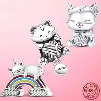 925 пробы стерлингового серебра кошка киска котенок и пряжа шарик шарм бусины подходят модный браслет оригинальный шарм ювелирные изделия ювелирные изделия подарок