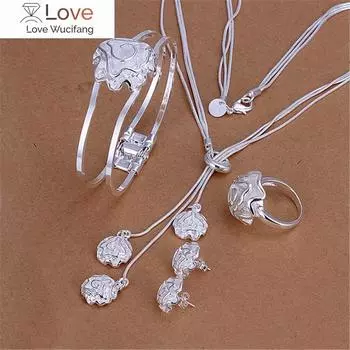 925 пробы стерлингового серебра Красивые розы браслеты кольца ожерелье серьги гвоздики комплект ювелирных изделий для женщин вечеринка свадьба подарок 45CM and 20CM