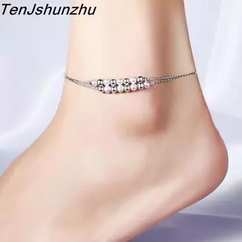 925 пробы стерлингового серебра предотвратить аллергию браслет на щиколотку 2 слоя круглый шарик женский летний браслет-цепочка пляжный ножной браслет подарок