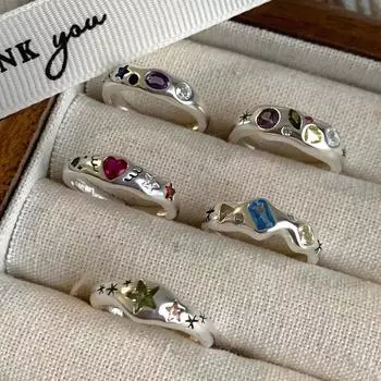 925 пробы стерлингового серебра простые красочные кольца с сердечками из камня для женщин геометрические модные простые открытые ручные украшения для аллергиков на вечеринку подарок resizable