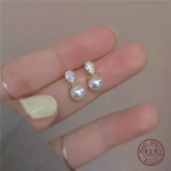 925 пробы стерлингового серебра японского происхождения капли воды кристалл жемчуг покрытие 14k золото серьги-гвоздики женские маленькие свежие очаровательные украшения для вечеринок золотой