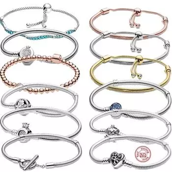 925 пробы стерлингового серебра змея цепи цветы синие волнистые слайдер браслеты подходят оригинальные брендовые подвески для женщин и девушек DIY изготовление ювелирных изделий 16cm