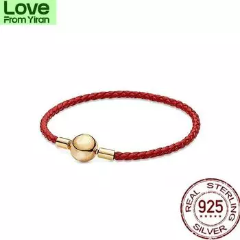 925 пробы стерлингового серебра золота кожа веревка красная одинарная петля круглая головка подходит европейский браслет с подвесками для женщин DIY ювелирные изделия изготовление 20cm красный
