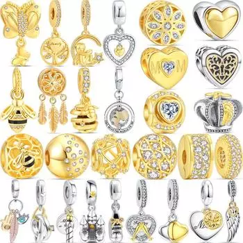 925 пробы стерлингового серебра золотой стиль шарм перо корона сверкающие циркониевые бусины подходят оригинальный браслет женщины европейские ювелирные изделия