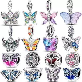 925 Серебро Бабочка Серия Подвески Цирконий Круглый Шарм Шарм Мотаться Браслет Ожерелье DIY Ювелирные Изделия
