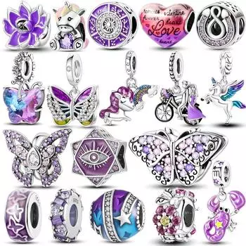925 Серебро Фиолетовый Серии Бусины Зажим Цветок Сердце Звезда Подвески Бабочка Виноград Мотаться Подходит Оригинальный Браслет Ювелирные Изделия Подарок