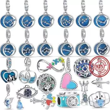 925 Серебро Голубые Глаза Бабочка Пингвин Кит Облако 12 Бусины Созвездия подходят Оригинальные Подвески Браслет DIY Женские Ювелирные Изделия