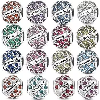 925 Серебро Месяц День Рождения Камень Круглые Бусины Подвески Висячие Женщины Браслет DIY Ювелирные Изделия
