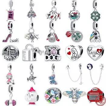 925 серебро на высоком каблуке, помада, сумочка, игральные карты, бусины клевера, подходят для браслета, роскошные ювелирные изделия, подарок