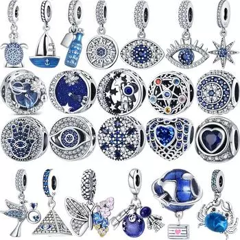 925 Серебро Синий Космос Земля Самолет Глаза Демона Паве Прозрачный Циркон Блестящие Бусины Подходит Оригинальные Подвески Браслет Женские Ювелирные Изделия