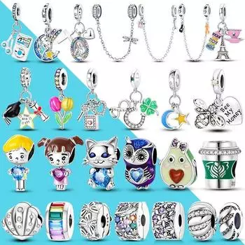 925 Серебряная бусина в виде совы подходит для оригинального нового браслета-подвески «сделай сам» с медовой пчелой для мальчиков и девочек, подвески со звездами для выпускного белый