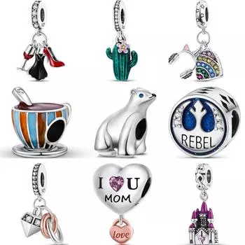 925 Серебряная чашка красного вина на высоких каблуках юбка кактус замок наушники Mom Love бусины подходят оригинальные подвески браслет ювелирные украшения