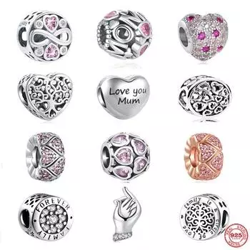 925 Серебряная Европа Бусина Розовый Любовь Кулон Мама Висячие Семья Навсегда Шарм Подходит Оригинальный Браслет DIY Женские Ювелирные Изделия