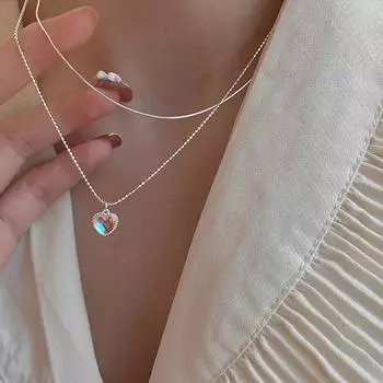 925 Серебряное двойное ожерелье в форме сердца с лунным камнем, женское ожерелье с градиентом, драгоценный камень, цепочка на ключицу, пара серебряный