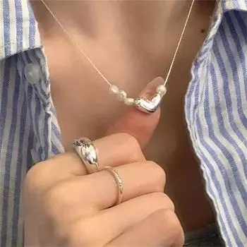 925 Серебряное ожерелье с сердечком и жемчугом для женщин, подарок, корейская универсальная простота, нестандартные ювелирные изделия onesize