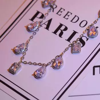 925 Серебряное тяжелое промышленное легкое роскошное ожерелье Изысканный циркон Капля воды Квадратная цепочка на ключицу холодного ветра Женский банкетный подарок белый