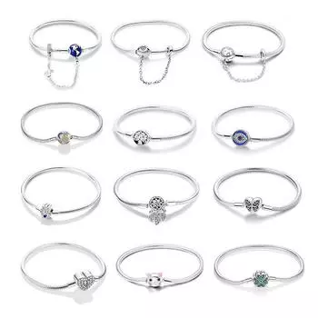 925 Серебряные браслеты-подвески для женщин, блестящий циркон, голубые глаза, самолет, клевер, кошка, браслет, ювелирные изделия в форме сердца, изготовление ювелирных изделий своими руками 17cm