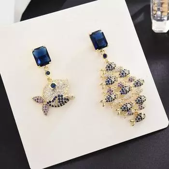 925 серебряные иглы, модные золотые серьги, индивидуальный микро-набор, серьги-рыбы с кубическим цирконием, асимметричные висячие серьги для женщин золотой