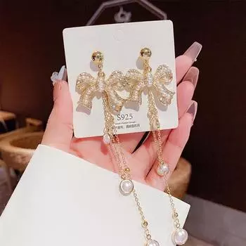 925 серебряные иглы со стразами бант кисточки серьги нишевые серьги высокого чувства мода преувеличенные жемчужные серьги