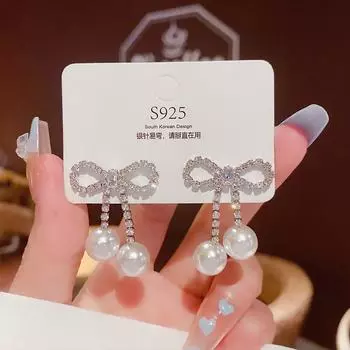 925 Серебряные игольчатые серьги с бантом в форме сердца, маленькие милые студенческие серьги, корейские модные серьги для женщин серебряный