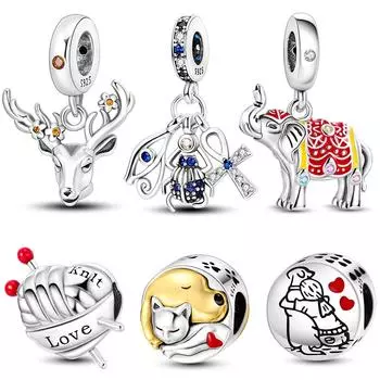 925 Серебряные Красочные Подвески Бусины Лось Слон Скарабей Крест Домашние Кошки Собаки Мотаться Браслет Ювелирные Изделия
