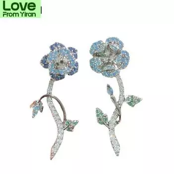 925 Серебряные Серьги Ретро Мода Черное Золото Роза Цветок Серьги-гвоздики Для Женщин Помолвка Свадьба Свадебные Ювелирные Изделия Подарки синий