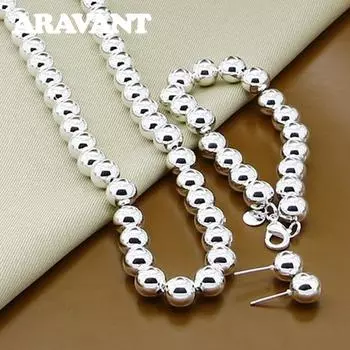 925 Серебряные свадебные комплекты ювелирных изделий для женщин, комплект ювелирных изделий из бусин, 10 мм, браслет из бисера, ожерелье, цепи, серьги