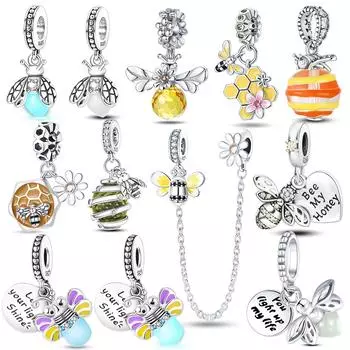 925 Серебряные светящиеся подвески-светлячки, бусины, милый пчелиный мед, висячие, подходят для оригинального браслета, сделай сам, изготовление ювелирных изделий, подарков