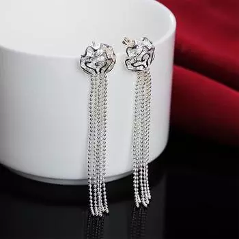 925 серебряных бусин с длинной цепочкой с кисточками и розами, висячие серьги для женщин, модные ювелирные изделия, подарки