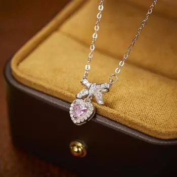 925 Серебряный бант с розовым бриллиантом Love ожерелье Женское корейское издание Легкая роскошная подвеска-бабочка премиум-класса Интернет-знаменитость Ключичная цепочка Женское 925 Silver белого золота