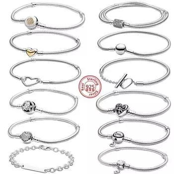 925 Серебряный браслет-цепочка с пряжкой в виде змеиной кости, сделай сам, надежный браслет с бусинами для женщин и девочек, ювелирные изделия в подарок 17cm