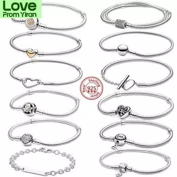 925 Серебряный браслет-цепочка с пряжкой в виде змеиной кости, сделай сам, надежный браслет с бусинами для женщин и девочек, ювелирные изделия в подарок 17cm