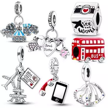 925 Серебряный Цвет Цирконий Сердце Любовник Подвески Из Бисера Путешествие На Самолете Автобус Эйфелева Башня Висячий Браслет Ожерелье Ювелирные Изделия