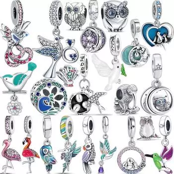 925 Серебряный Фламинго Павлин Сова Пингвин Птицы Мультфильм Мода Шарик Подходит Подвески Браслет Женщины DIY Ювелирные Изделия
