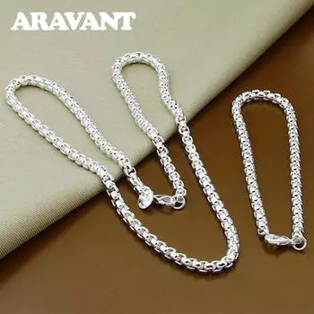 925 Серебряный комплект ювелирных изделий 5 мм Коробка Цепь Ожерелье Браслеты для женщин Мужчины Рождественские украшения 45cm and 20cm